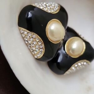 Vintage Elegant Black and Gold Faux Pearl Dome & Crystals Earrings